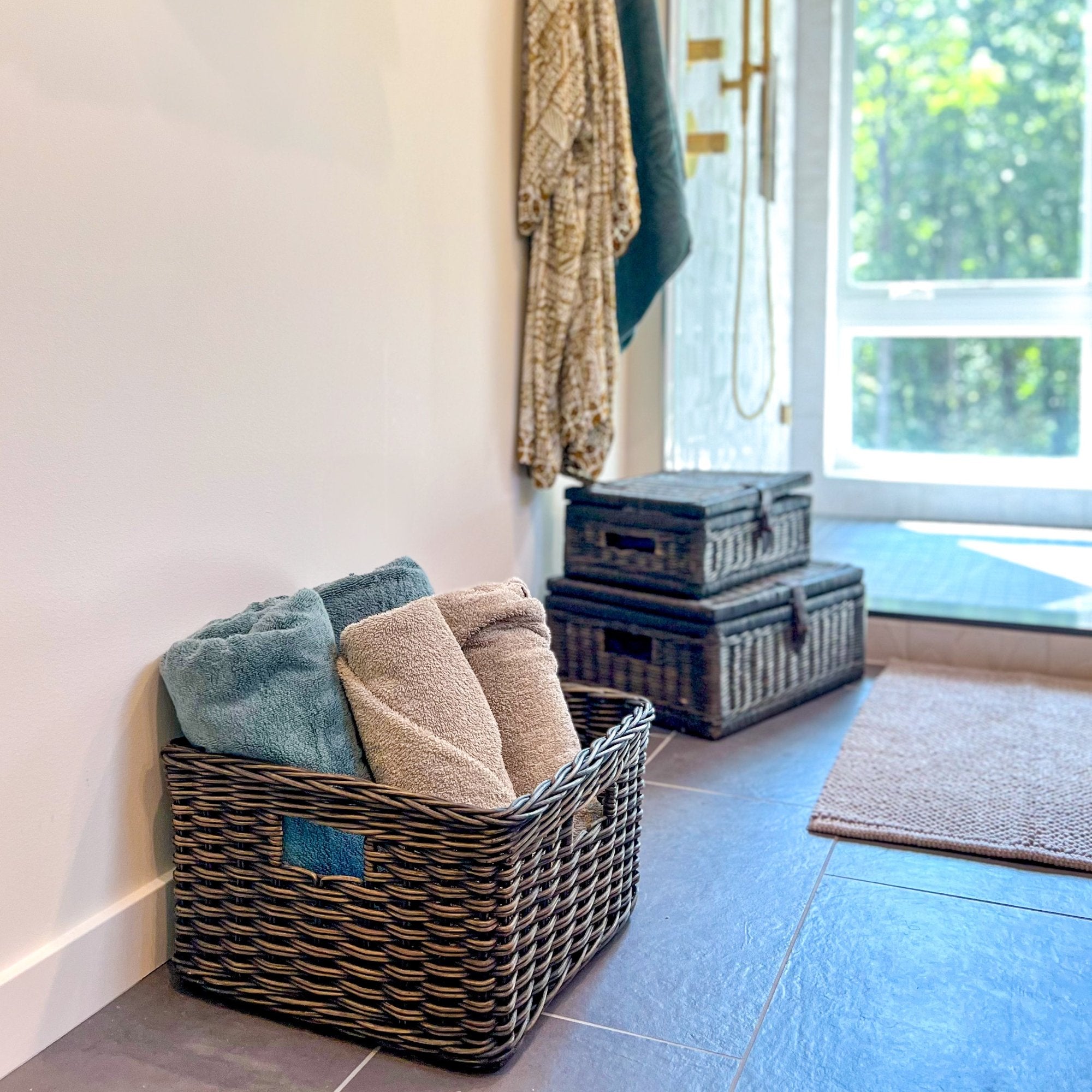 Spa Bathroom | Square Deep Wicker Storage Basket, Antique Walnut Brown, Medium and Covered Wicker Storage Baskets | The Basket Lady