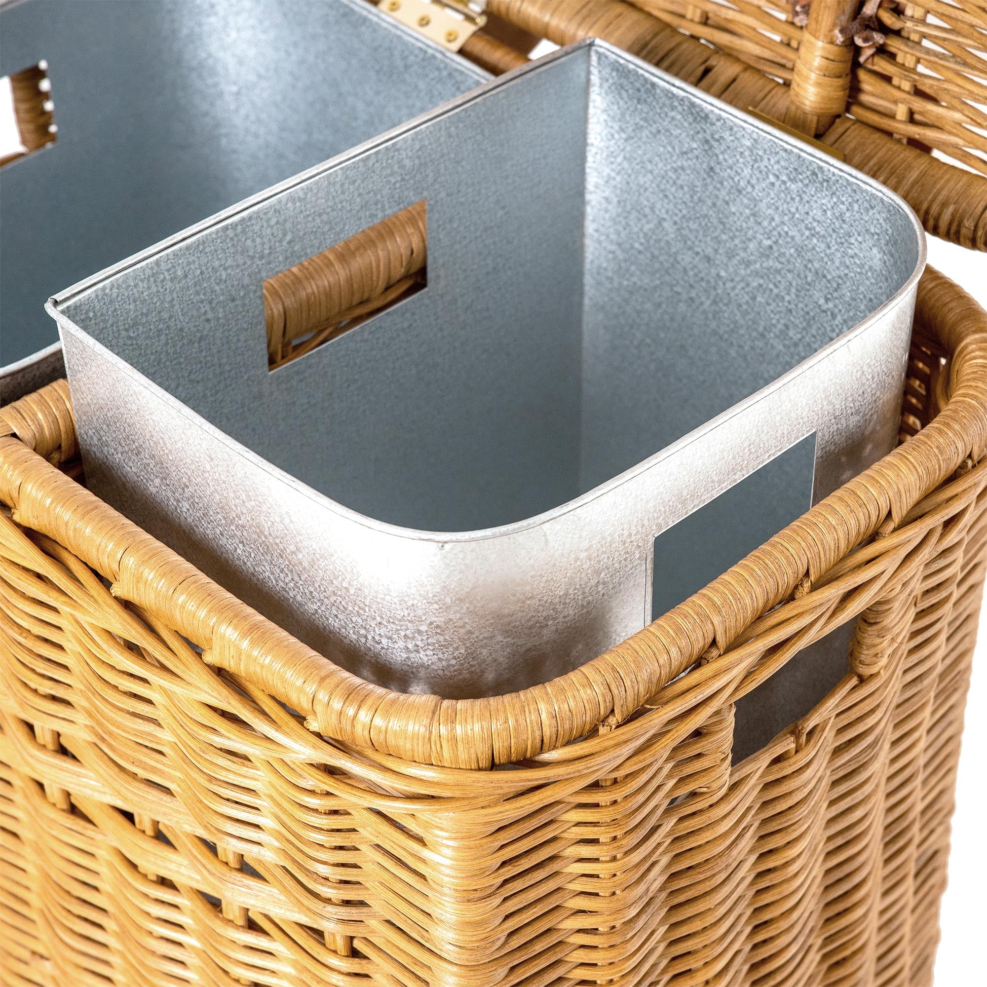 Wicker Divided Recycling Basket in Sandstone includes 2 removable metal liners with cut-in handles | The Basket Lady