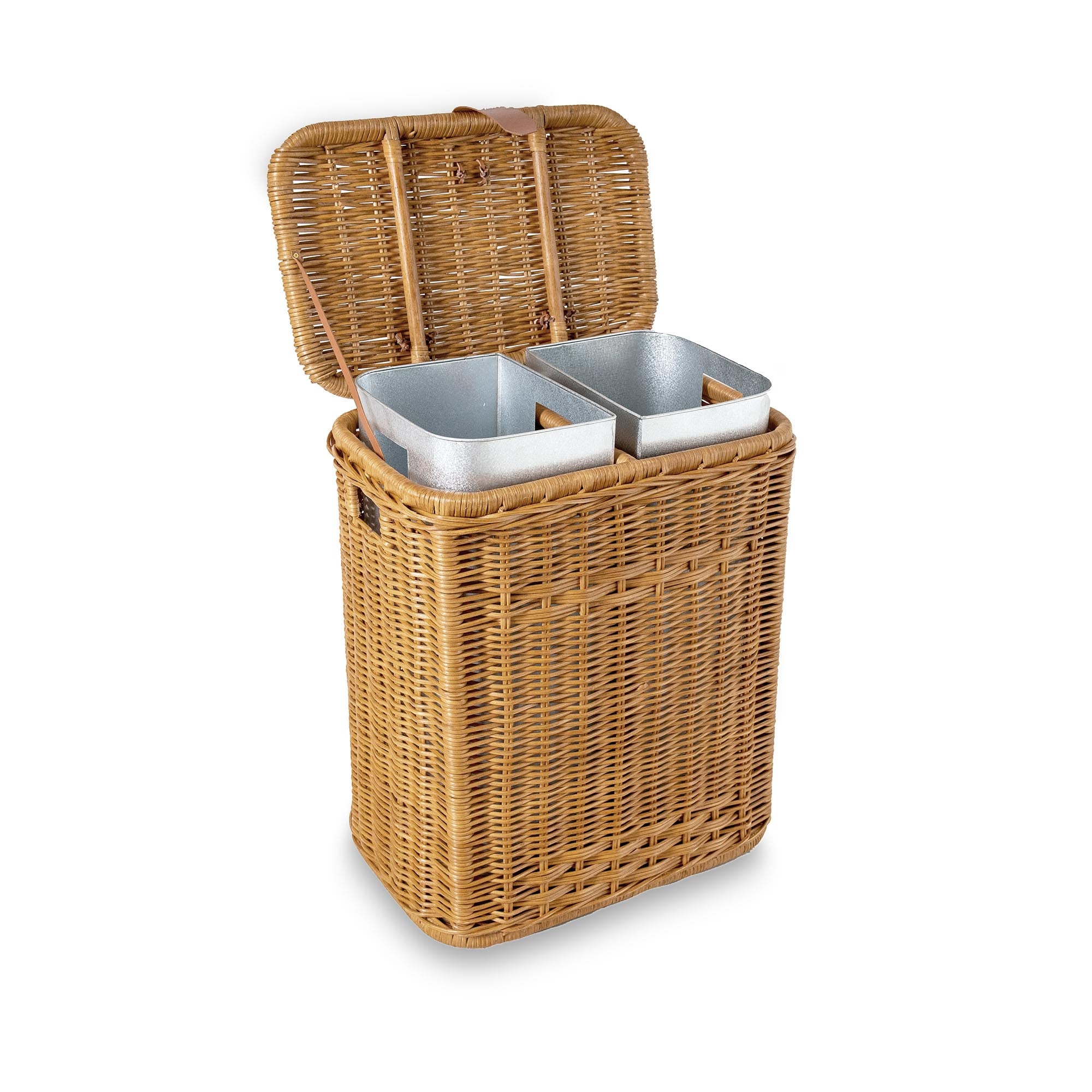 Wicker Divided Recycling Basket in Sandstone, includes 2 removable metal liners, shown with lid open | The Basket Lady