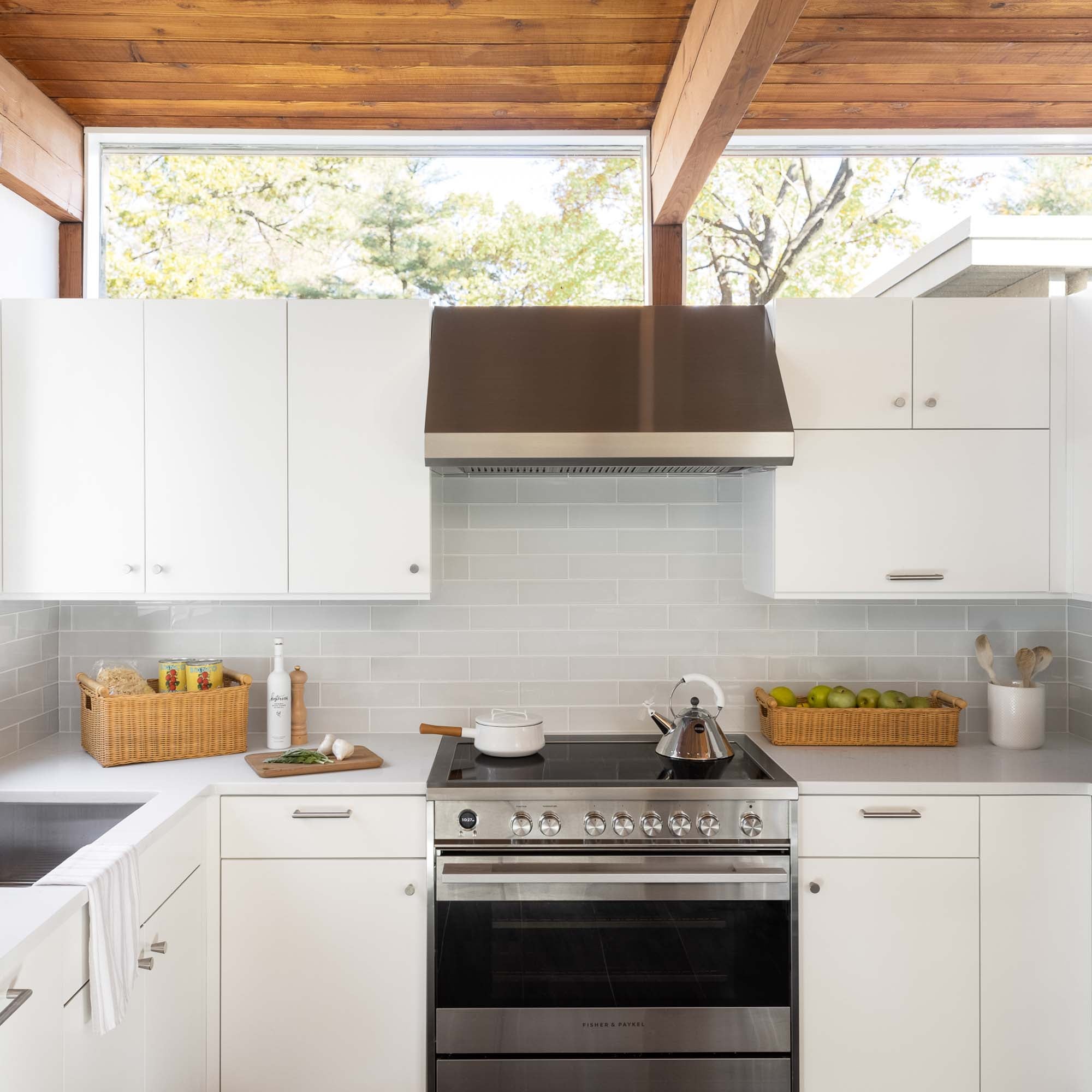 Long Narrow Pole Handle Wicker Basket in Sandstone as kitchen counter storage | The Basket Lady